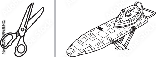 Set of household tools including scissors and ironing board with iron line art illustration isolated on white background