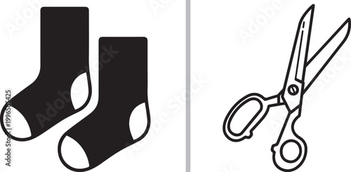 Black socks and scissors outline icons set isolated on white background vector illustration for tailoring and craft
