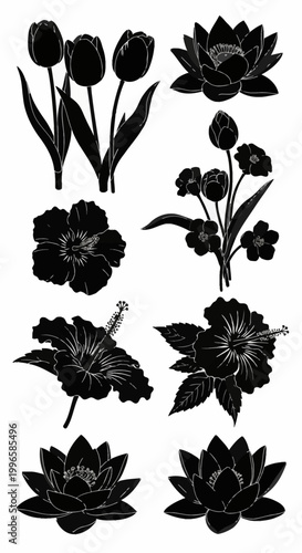 Set of various black floral silhouettes featuring hibiscus blossoms, lotus flowers, and tulips with fine white line details, isolated on a plain white background for vector design.