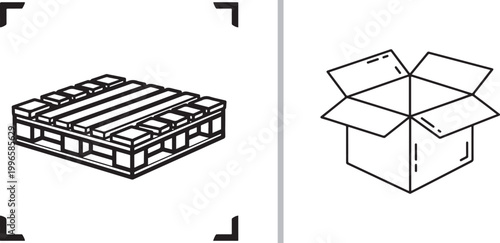 Logistics and shipping icons set with wooden pallet and open cardboard box isolated on white background vector illustration