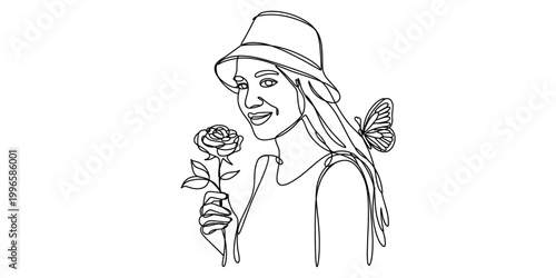Continuous one line drawing of a smiling woman wearing a hat holding a rose flower with a butterfly on her hair Vector, illustration
