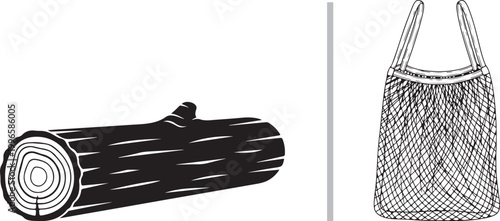 Vector illustrations of a wooden tree log and a reusable mesh string bag isolated on white background