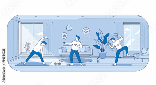 People exercising at home indoor workout routine illustration