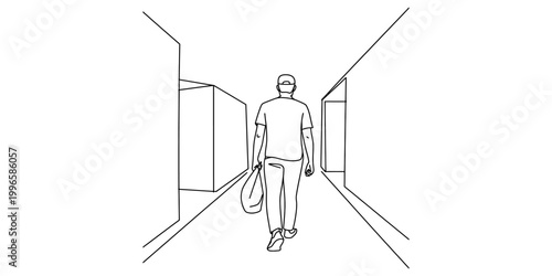 A man walking down a long corridor carrying a bag Vector, illustration