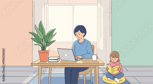 Family working and learning at home with laptop and book