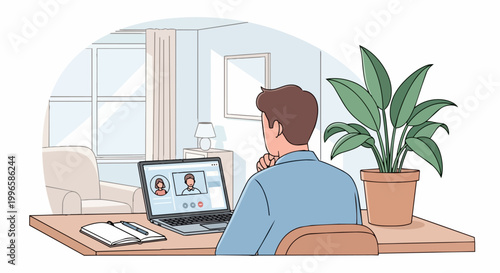 Man attending online meeting on laptop computer indoors