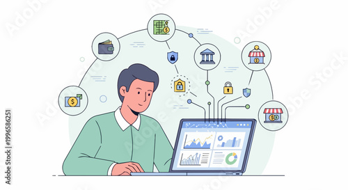 Man analyzing financial data on laptop with connected icons