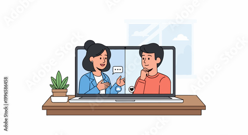 Online video conference conversation between two people on laptop screen