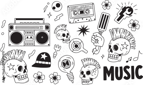 Punk music rebel skull and boombox doodle set isolated on transparent background, Vector