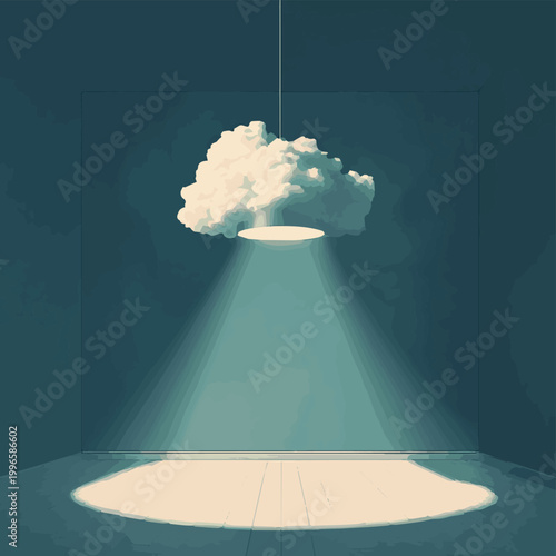 A surreal scene featuring a cloud suspended in light, evoking a sense of calmness and introspection.