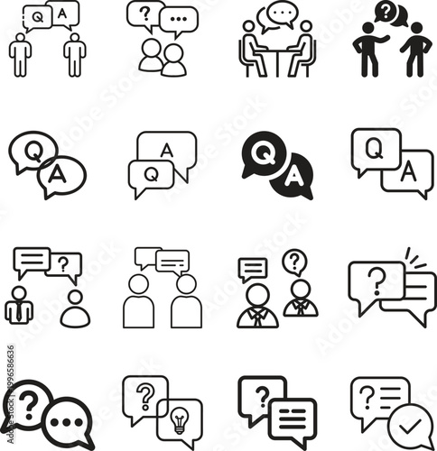 Question answer icon set collection group, FAQ help support symbol, ask reply communication sign, information dialog chat bubble flat line glyph outline vector isolated on white background.