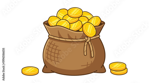 Cartoon sack full of gold coins vector illustration for banking finance and wealth concept isolated on white background