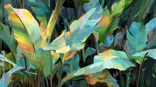 Vibrant, stylized depiction of large tropical foliage fills the frame with rich color.