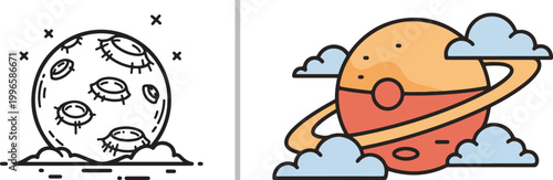 Set of space icons featuring a moon with craters and a ringed planet isolated on white background vector illustration