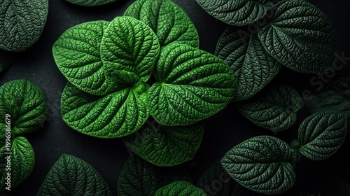 Vibrant green foliage displays deeply textured leaves against a dark background