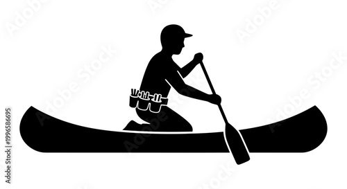 Man Paddling Canoe Silhouette Illustration.