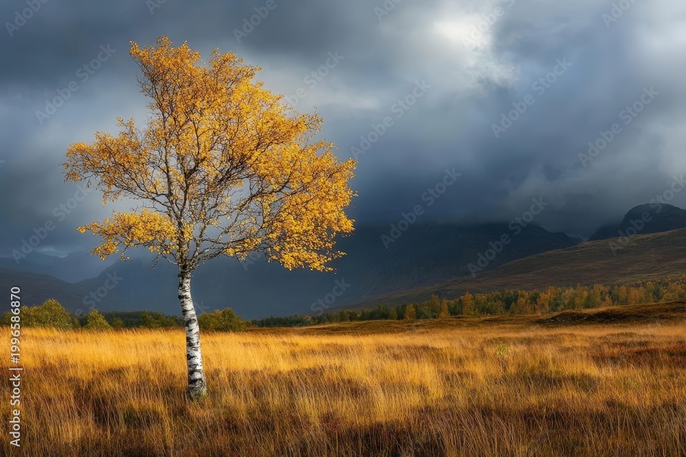 Fototapeta premium Solitary Birch Tree in Golden Autumn Meadow Under Dramatic Sky