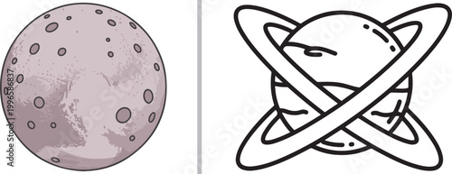 Set of space planet icons including cratered moon and ringed planet vector isolated on white background