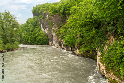 Akhshtyr Canyon and the Mzymta River near the village of Kazachy Brod on a cloudy summer day, Sochi, Krasnodar Territory, Russia