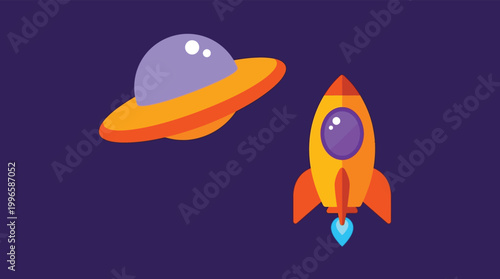 Cartoon Space Exploration Illustration with Rocket and UFO Saucer for Kids and Educational Content