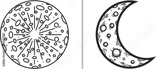 Set of full moon and crescent moon vector line art illustrations with craters isolated on white background