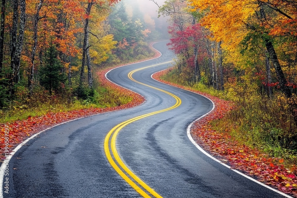 Fototapeta premium Winding Country Road Through Misty Autumn Forest with Colorful Leaves