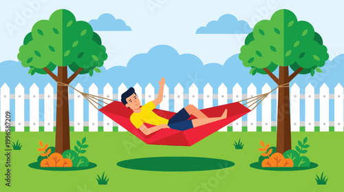 Man Relaxing in Hammock Outdoors in Sunny Garden Backyard Vector Illustration