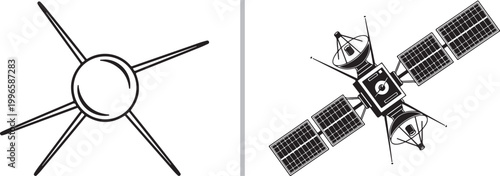 Black and white satellite vector illustrations of sputnik and modern orbital spacecraft isolated on white background