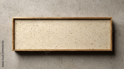 Horizontal wooden framed notice board displays textured beige insert against gray concrete background