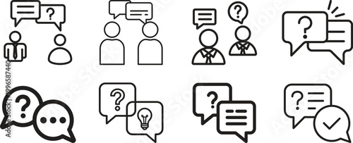 Question answer icon set collection group, FAQ help support symbol, ask reply communication sign, information dialog chat bubble flat line glyph outline vector isolated on white background.