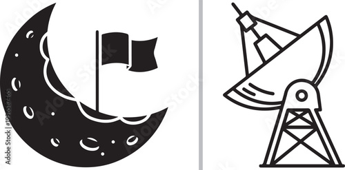 Space exploration icons with moon landing flag and satellite dish isolated on white background vector illustration