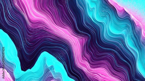 Abstract composition features flowing, intertwined lines of vibrant cyan, magenta, and deep violet.