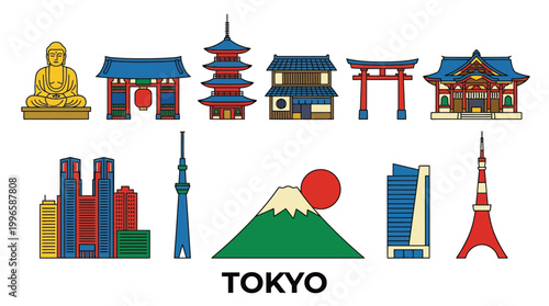 Japanese Culture Landmarks and Tokyo City Skyline Vector Illustration Icon Set
