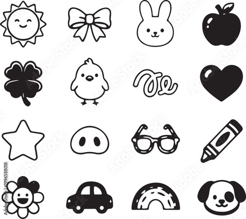 Black and White Cartoon Icons of Various Objects