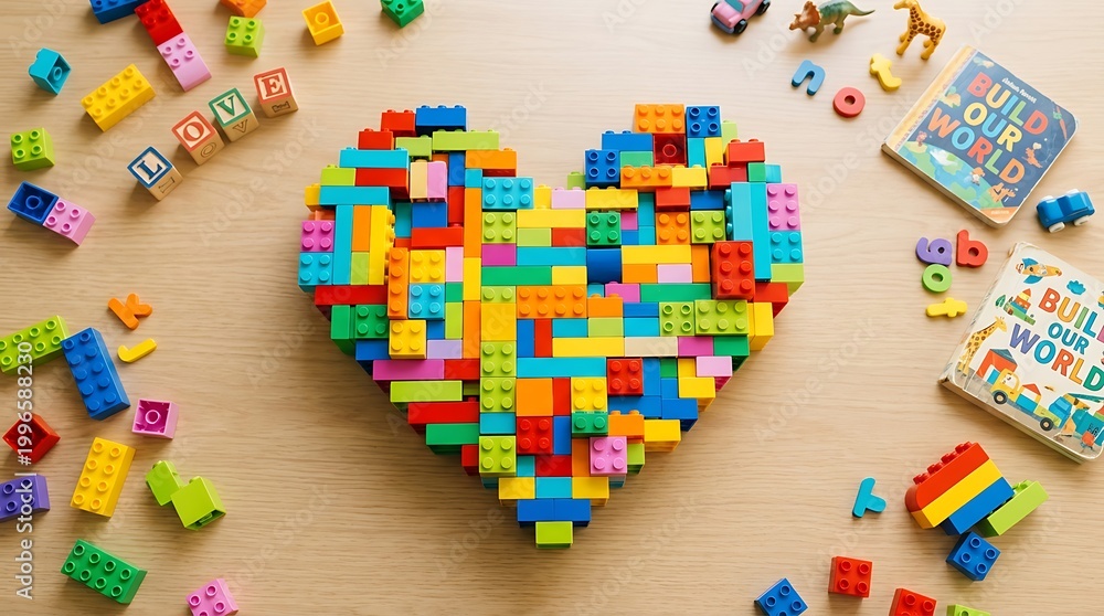 Fototapeta premium Colorful Lego Heart Shape Made of Building Blocks on Wooden Surface