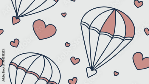 Parachute, heart balloons, Valentine's Day, love icons, romantic symbols, white background
