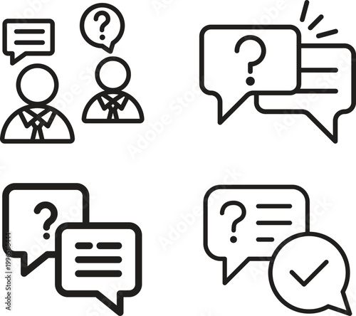 Question answer icon set collection group, FAQ help support symbol, ask reply communication sign, information dialog chat bubble flat line glyph outline vector isolated on white background.