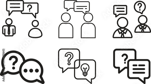 Question answer icon set collection group, FAQ help support symbol, ask reply communication sign, information dialog chat bubble flat line glyph outline vector isolated on white background.