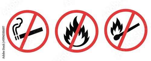 No smoking no open fire sign red prohibition circle with cigarette and flame icon for hazard prevention safety regulation and warning display