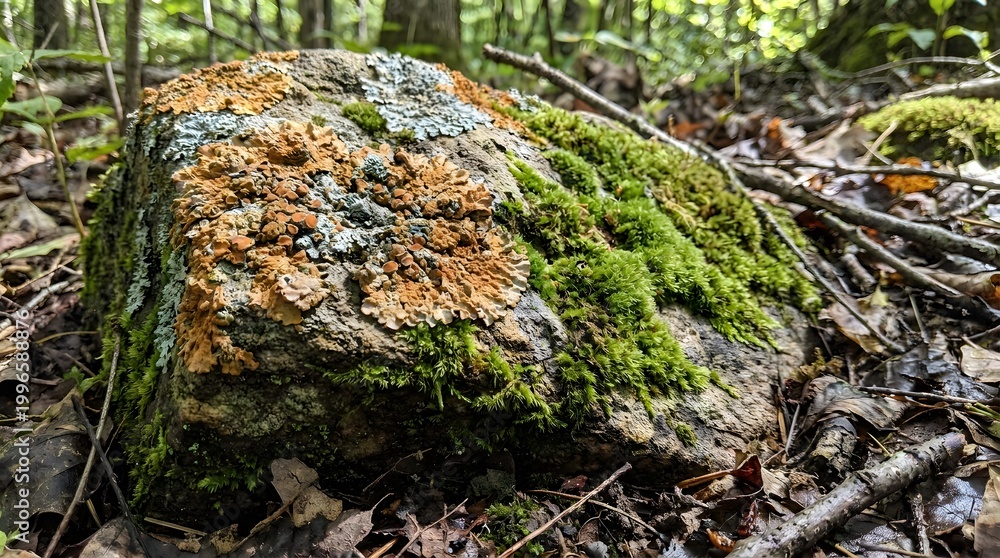 Fototapeta premium Moss and lichen on a rough rock in a forest setting.