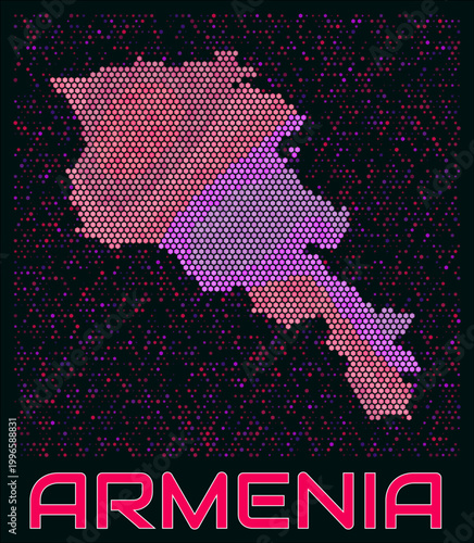 Armenia digital style hexagon map. Vibrant magenta purple pink neon dotted shape. Country tiny bright hexagon cells. Armenia honeycomb map design. Vibrant Vector Illustration.