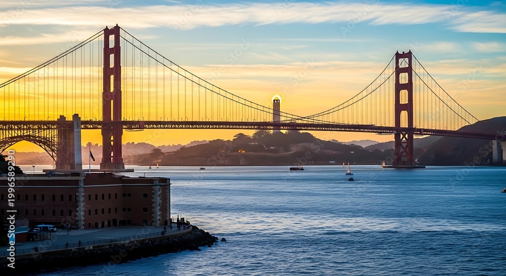 Fototapeta premium Iconic suspension bridge over water at sunset with distant hills