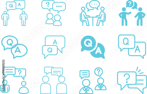 Question answer icon set collection group, FAQ help support symbol, ask reply communication sign, information dialog chat bubble flat line glyph outline vector isolated on white background.