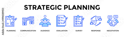 Strategic Planning  Banner Web  Icon Set Collection Pack Vector Illustration Concept Containing Planning, Communication, Audience, Evaluation, Survey, Response, Negotiation