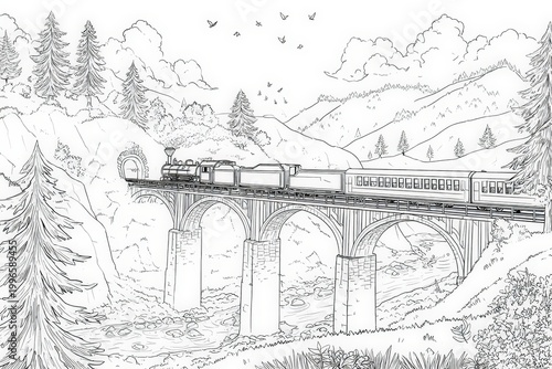 Train Crossing Bridge Over River Coloring Page for Kids