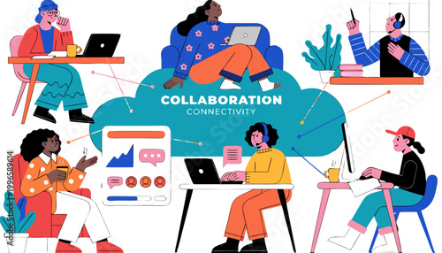 vector illustration of a diverse, remote business team of six people collaborating.