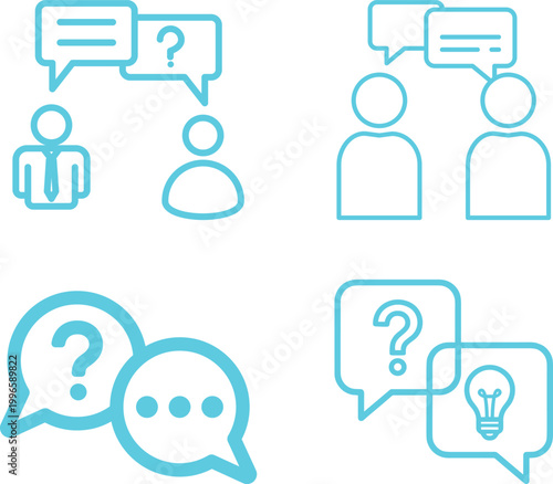 Question answer icon set collection group, FAQ help support symbol, ask reply communication sign, information dialog chat bubble flat line glyph outline vector isolated on white background.