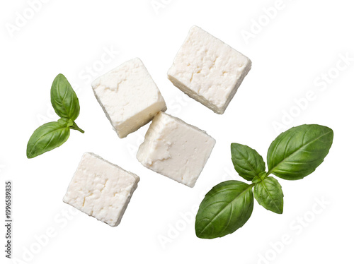 Four perfect cubes of creamy white feta cheese paired with two fresh sprigs of aromatic basil on a transparent.