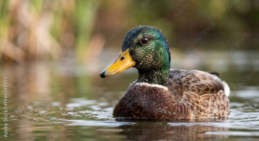 Obraz premium A duck swimming peacefully on a calm lake with soft natural lighting