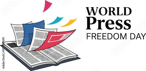 Open newspaper with colorful flying paper pages for World Press Freedom Day celebration banner and illustration design